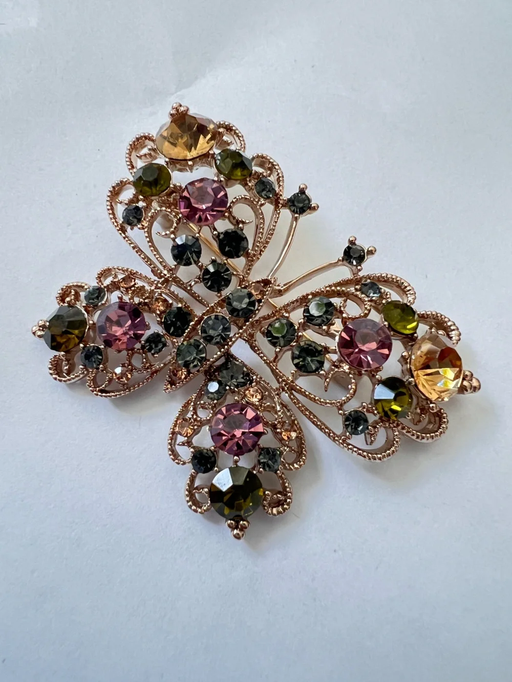 Rose Gold Butterfly Crystal Brooch in Pink, Olive & Amber
